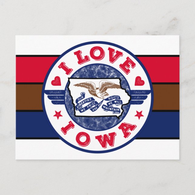 I Love Iowa Retro Stripes State Map and Flag Postcard (Front)