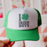 I Love Irish Boys Funny Shamrock St Patricks Day Trucker Hat<br><div class="desc">This T-shirt features a bold "I Love Irish Boys" design with a chequered shamrock, this cropped St. Paddy’s Day shirt is perfect for parties, parades, and casual outings. Trendy and flirty, it pairs effortlessly with jeans or a plaid skirt for a fun, festive look. Whether celebrating or loving Irish charm,...</div>