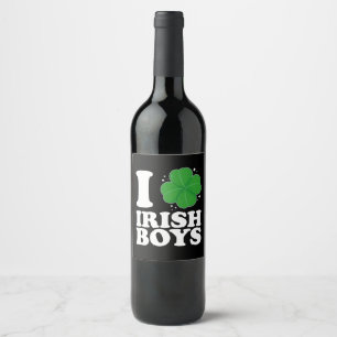 I Love Irish Boys Shamrock Heart St Patrick's Day Wine Label