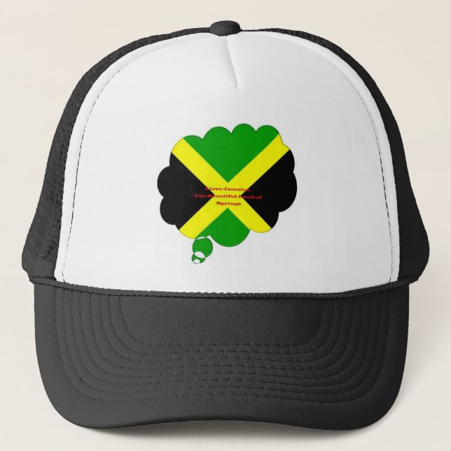 I Love Jamaica Text on Flag Art Print Trucker Hat (Front)