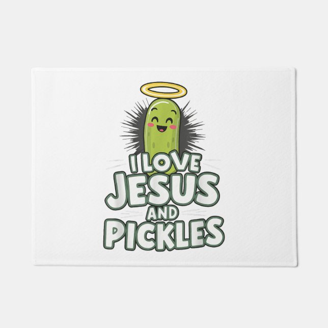 I Love Jesus And Pickles Doormat (Front)