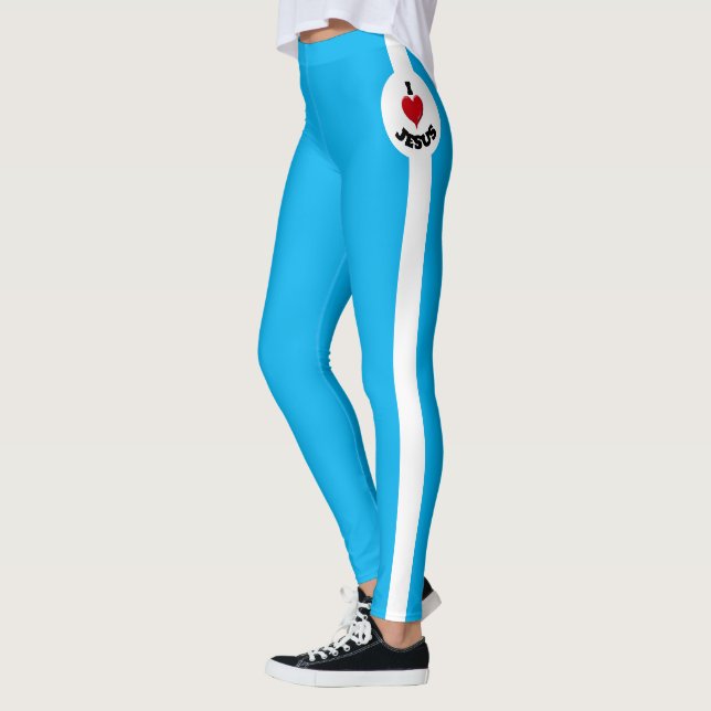 I Love Jesus, Blue With White Stripe Leggings (Left)