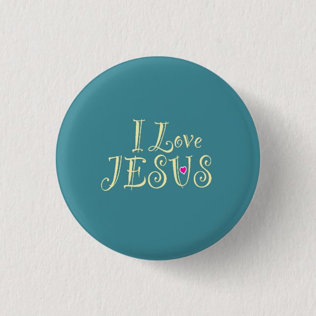‘I Love Jesus’ Gold on Turquoise 3 Cm Round Badge (Front)