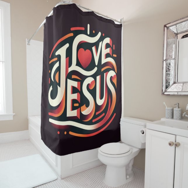 I Love Jesus Retro Christian Shower Curtain (In Situ)