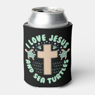 I Love Jesus & Sea Turtles Christian Faith Cross B Can Cooler