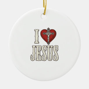 I Love Jesus Vintage Engraving Faith Shirt Design_ Ceramic Ornament