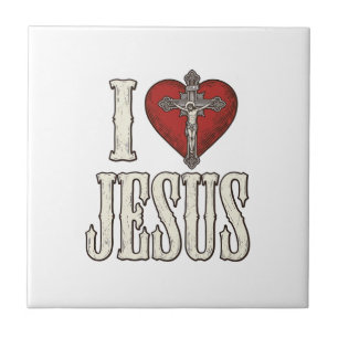 I Love Jesus Vintage Engraving Faith Shirt Design_ Ceramic Tile