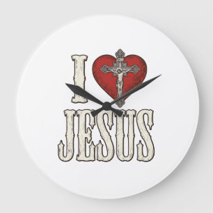 I Love Jesus Vintage Engraving Faith Shirt Design_ Large Clock