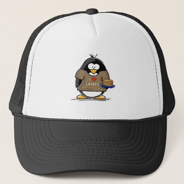 I Love Latkes Penguin Trucker Hat (Front)