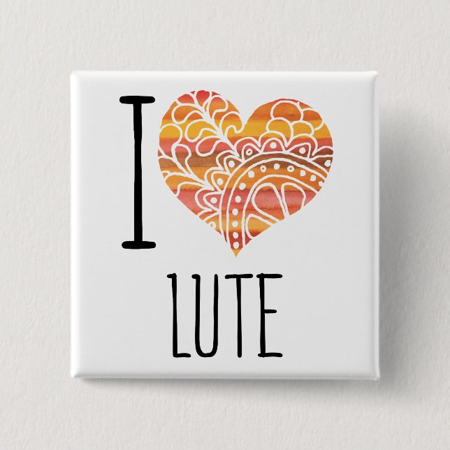 I Love Lute Orange Mandala Heart 15 Cm Square Badge (Front)