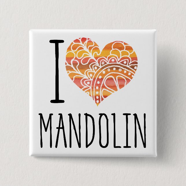 I Love Mandolin Orange Mandala Heart 15 Cm Square Badge (Front)