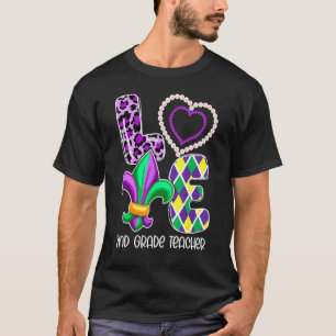 I Love Mardi Gras 2nd Grade Teacher Plaid Leopard  T-Shirt