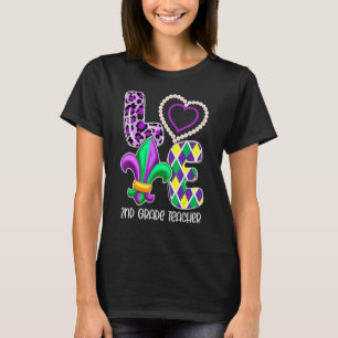 I Love Mardi Gras 2nd Grade Teacher Plaid Leopard T-Shirt