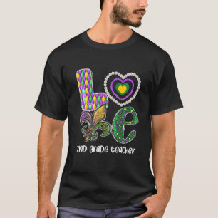 I Love Mardi Gras 2Nd Grade Teacher Plaid Leopard T-Shirt