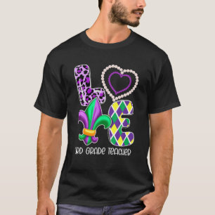 I Love Mardi Gras 3Rd Grade Teacher Plaid Leopard T-Shirt