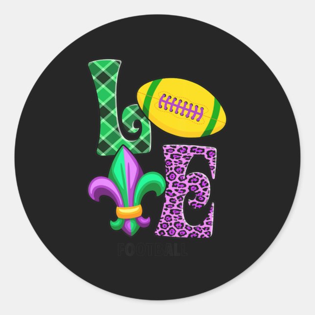 I Love Mardi Gras Football Plaid Leopard Men Women Classic Round Sticker (Front)