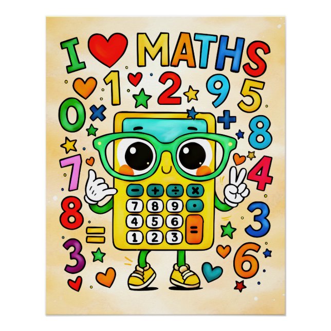 I Love Maths Cute Calculator Design Poster (Front)