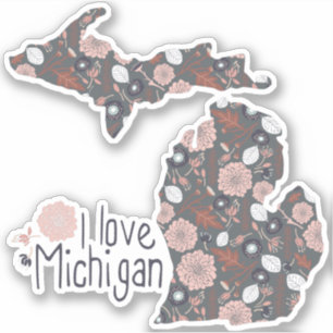 I Love Michigan Playful Floral Pink Brown Black