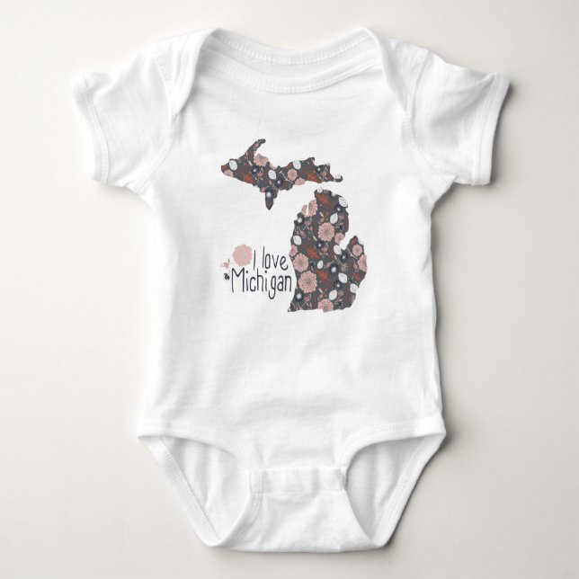 I Love Michigan Playful Floral Pink Brown Black Baby Bodysuit (Front)