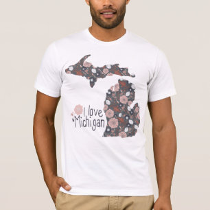 I Love Michigan Playful Floral Pink Brown Black T-Shirt
