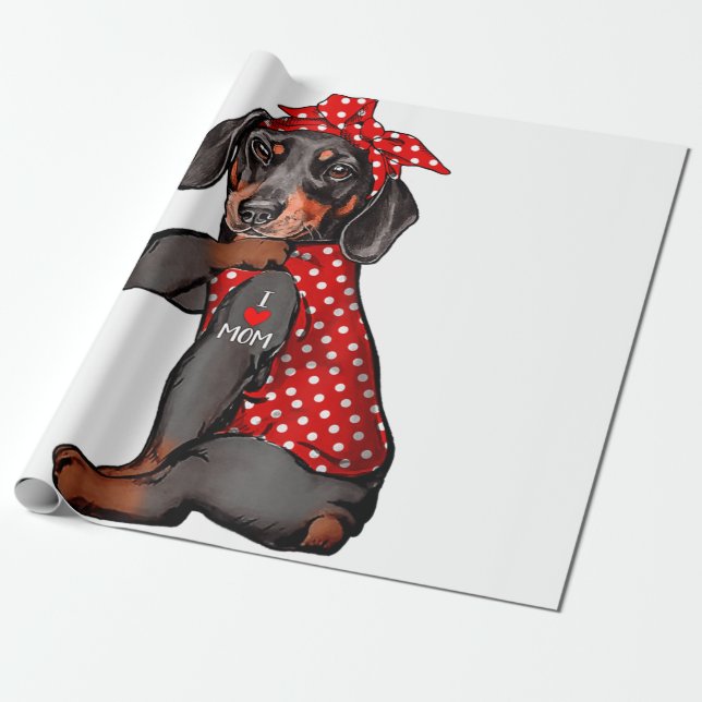 I Love Mom Tattoo Funny Dachshund Dog Wearing Band Wrapping Paper (Unrolled)
