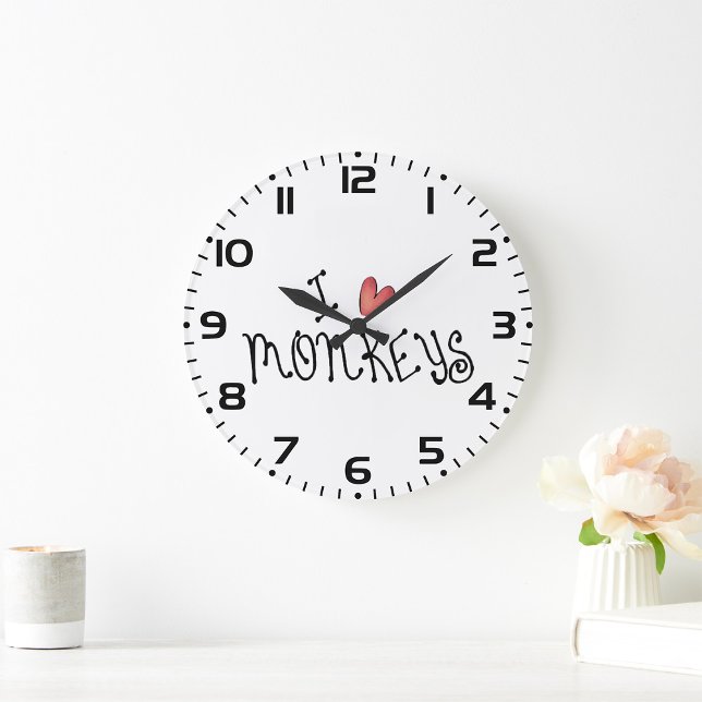I Love Monkeys Cute Handwritten Typography Large Clock (Creator Uploaded)