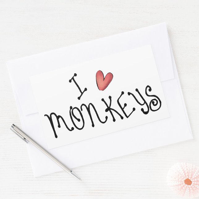 I Love Monkeys Cute Handwritten Typography Rectangular Sticker (Creator Uploaded)