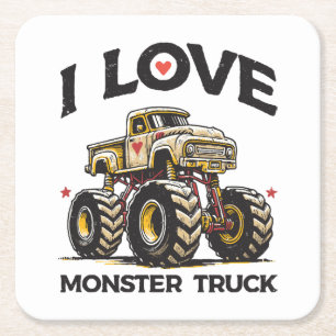 I Love Monster Truck Square Paper Coaster