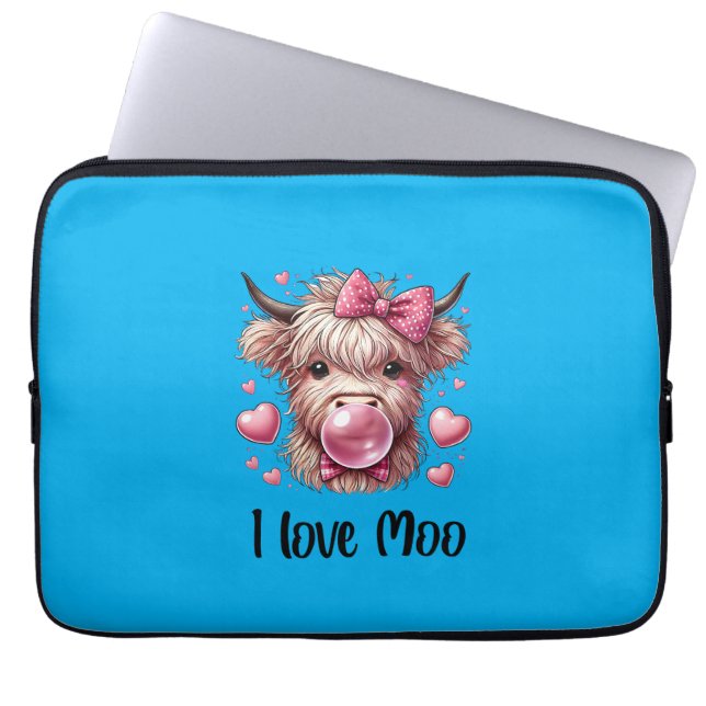 I love moo! cute scottish highland cow laptop sleeve (Front)