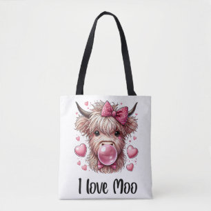 I love moo! cute scottish highland cow tote bag