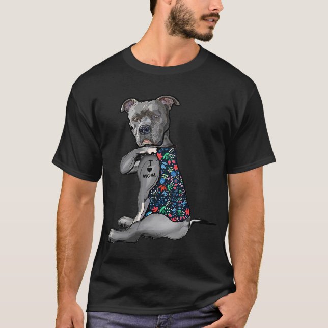 I Love Mum Funny Pitbull Dog Tattoo Flower Mother' T-Shirt (Front)