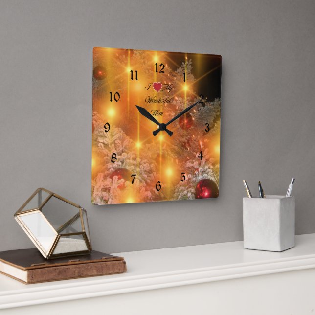 I Love Mum, Golden Christmas, Square Wall Clock (Office)