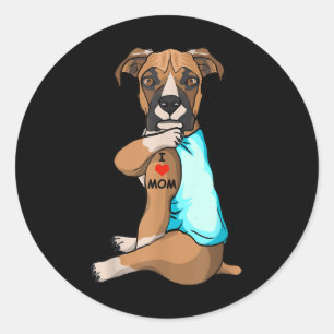 I Love Mum Tattoo Boxer Mum Dog Lover Women Classic Round Sticker