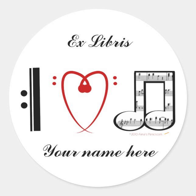 I Love Music (I heart notes) Ex Libris Bookplate Classic Round Sticker (Front)