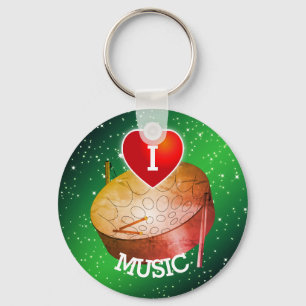 I Love Music with Heart and Pan   Green Background Key Ring