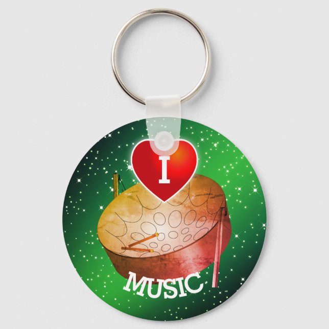 I Love Music with Heart and Pan | Green Background Key Ring (Front)