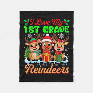 I Love My 1st Grade Reindeers Three Xmas Reindeers Fleece Blanket