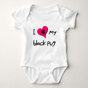I Love My Black Pug Paw Print on Pink Heart Baby Bodysuit
