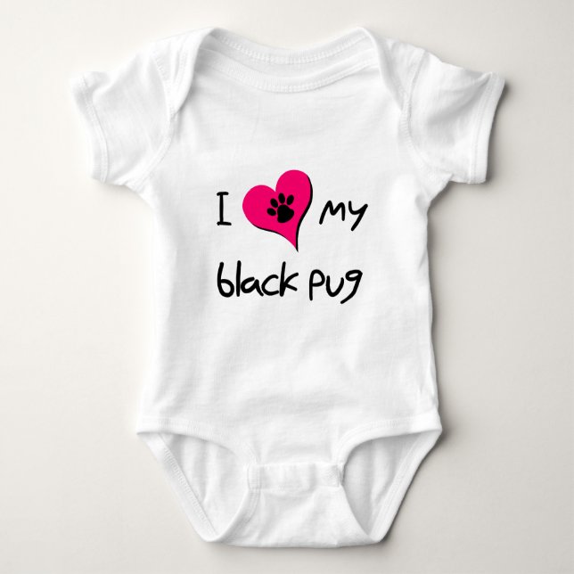 I Love My Black Pug Paw Print on Pink Heart Baby Bodysuit (Front)