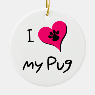 I Love My Black Pug Paw Print on Pink Heart Ceramic Tree Decoration