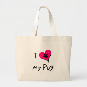 I Love My Black Pug Paw Print on Pink Heart Large Tote Bag