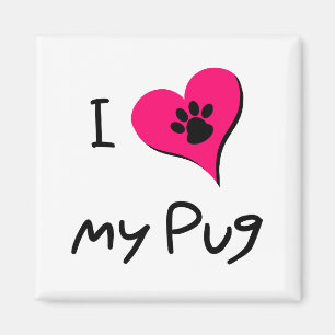 I Love My Black Pug Paw Print on Pink Heart Magnet