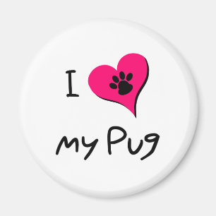 I Love My Black Pug Paw Print on Pink Heart Magnet