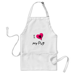 I Love My Black Pug Paw Print on Pink Heart Standard Apron