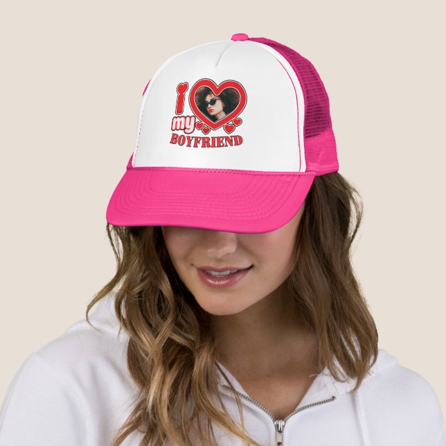 I Love My Boyfriend Custom Heart Photo Trucker Hat (In Situ)