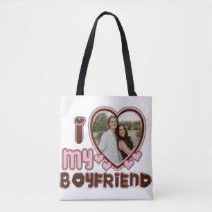 I Love My Boyfriend Custom Photo Heart Brown Pink Tote Bag
