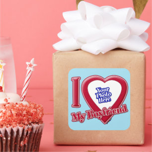 I Love My Boyfriend Photo Red Heart Blue Horizon Square Sticker
