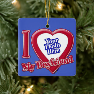 I Love My Boyfriend Photo Red Heart D R Blue Ceramic Ornament