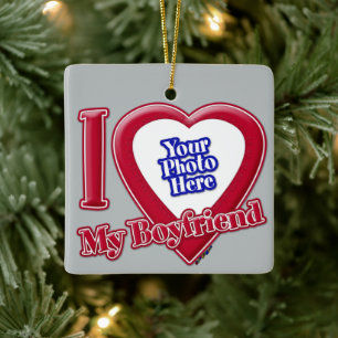 I Love My Boyfriend Photo Red Heart Grey Ceramic Ornament