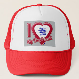 I Love My Boyfriend Photo Red Heart Grey Trucker Hat